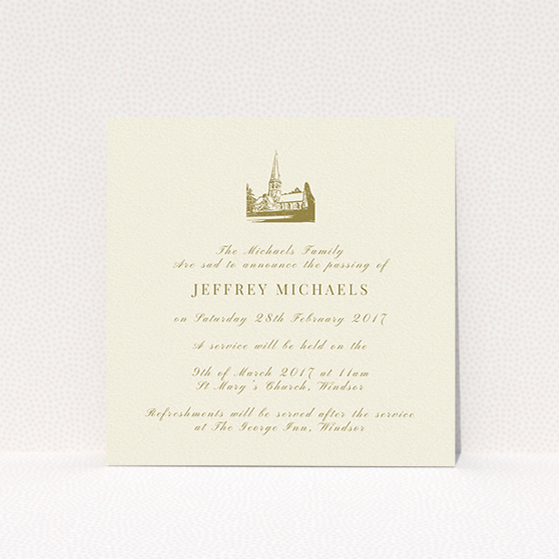 A funeral announcement card design titled "Golden Church". It is a square (148mm x 148mm) card in a square orientation. "Golden Church" is available as a flat card, with tones of cream and gold.