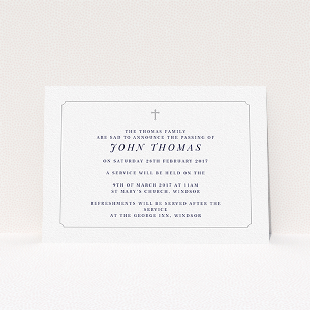 A funeral announcement card design titled "Graceful with cross". It is an A6 card in a landscape orientation. "Graceful with cross" is available as a flat card, with tones of white and grey.