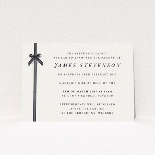 Funeral Announcement Card Design - "Gracefully tied" A funeral announcement card named "Gracefully tied". It is an A6 card in a landscape orientation. "Gracefully tied" is available as a flat card, with tones of pale cream and faded black.