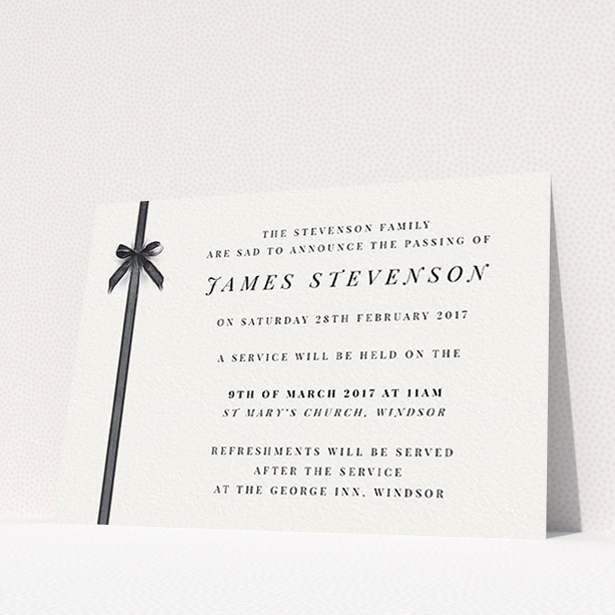 A funeral announcement card named "Gracefully tied". It is an A6 card in a landscape orientation. "Gracefully tied" is available as a flat card, with tones of pale cream and faded black.