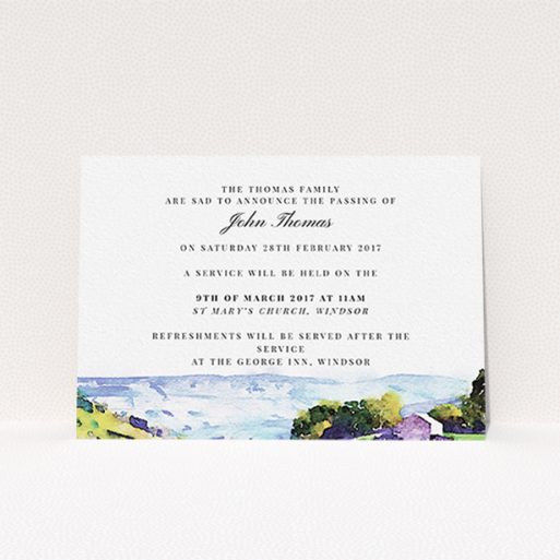 Funeral Announcement Card Design - "Into the hills" A funeral announcement card called "Into the hills". It is an A6 card in a landscape orientation. "Into the hills" is available as a flat card, with tones of white, blue and green.