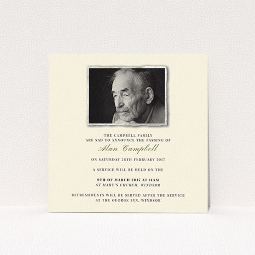 Funeral Announcement Card Design - "Lest we forget" A funeral announcement card named "Lest we forget". It is a square (148mm x 148mm) card in a square orientation. It is a photographic funeral announcement card with room for 1 photo. "Lest we forget" is available as a flat card, with mainly dark cream colouring.