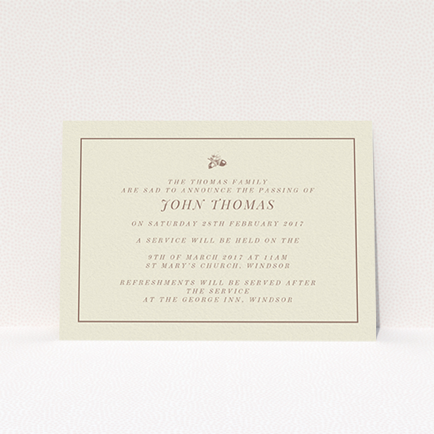 A funeral announcement card design titled "Little acorns". It is an A6 card in a landscape orientation. "Little acorns" is available as a flat card, with mainly dark cream colouring.