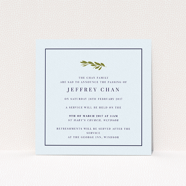A funeral announcement card design named "Olive stamp green". It is a square (148mm x 148mm) card in a square orientation. "Olive stamp green" is available as a flat card, with mainly white colouring.