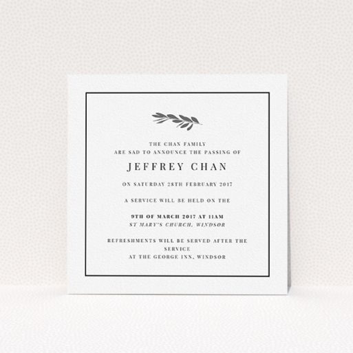 Funeral Announcement Card Design - "Olive stamp" A funeral announcement card design called "Olive stamp". It is a square (148mm x 148mm) card in a square orientation. "Olive stamp" is available as a flat card, with tones of white and black.