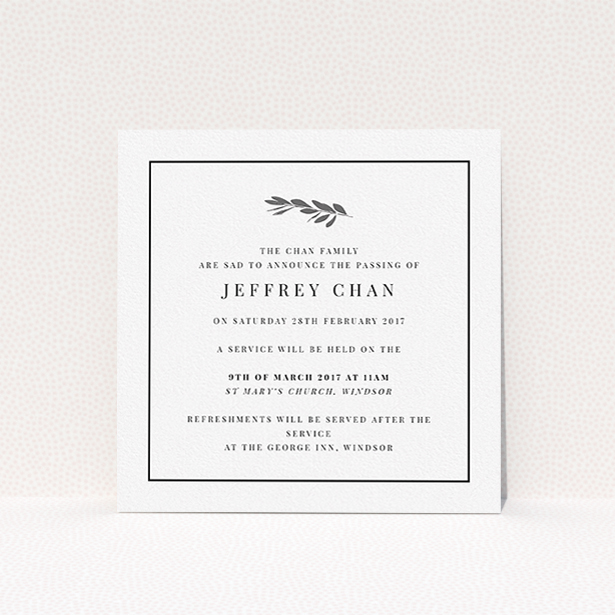 A funeral announcement card design called "Olive stamp". It is a square (148mm x 148mm) card in a square orientation. "Olive stamp" is available as a flat card, with tones of white and black.