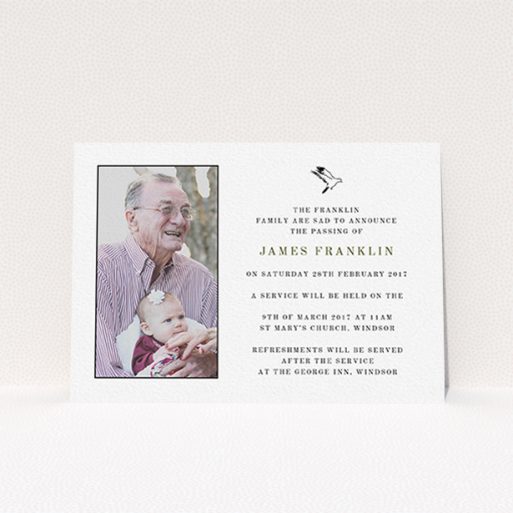 Funeral Announcement Card Design - "On the wings of the Dove" A funeral announcement card called "On the wings of the Dove". It is an A6 card in a landscape orientation. It is a photographic funeral announcement card with room for 1 photo. "On the wings of the Dove" is available as a flat card, with mainly white colouring.