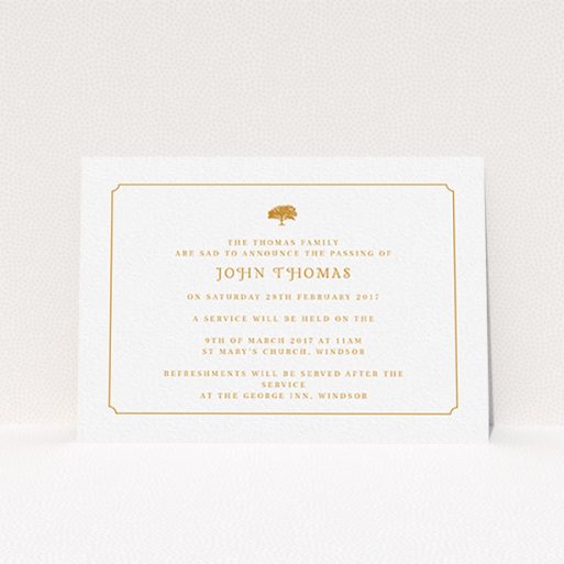 Funeral Announcement Card Design - "Orange notched border" A funeral announcement card named "Orange notched border". It is an A6 card in a landscape orientation. "Orange notched border" is available as a flat card, with tones of white and orange.