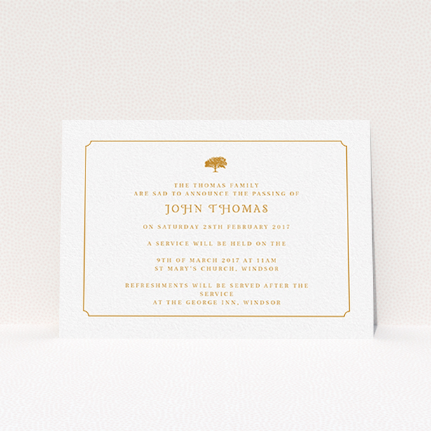 A funeral announcement card named "Orange notched border". It is an A6 card in a landscape orientation. "Orange notched border" is available as a flat card, with tones of white and orange.