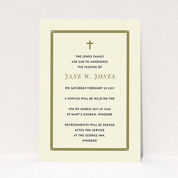 A funeral announcement card called "Ring border". It is an A6 card in a portrait orientation. "Ring border" is available as a flat card, with tones of cream and gold.
