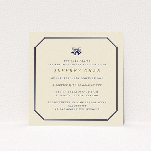 Funeral Announcement Card Design - "Simple bells" A funeral announcement card template titled "Simple bells". It is a square (148mm x 148mm) card in a square orientation. "Simple bells" is available as a flat card, with mainly dark cream colouring.