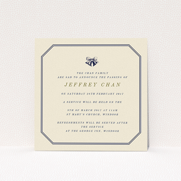 A funeral announcement card template titled "Simple bells". It is a square (148mm x 148mm) card in a square orientation. "Simple bells" is available as a flat card, with mainly dark cream colouring.