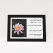 A funeral announcement card template titled "Single Water Lily". It is an A6 card in a landscape orientation. "Single Water Lily" is available as a flat card, with tones of black and white.