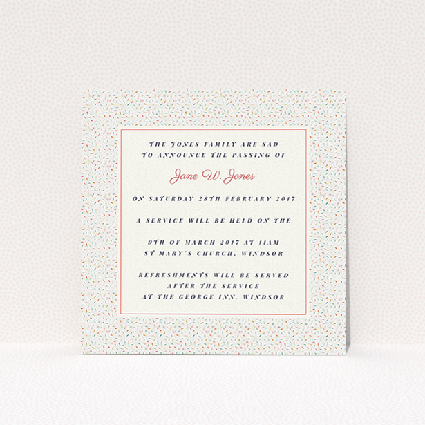 A funeral announcement card template titled "Speckles of colour". It is a square (148mm x 148mm) card in a square orientation. "Speckles of colour" is available as a flat card, with tones of cream and red.