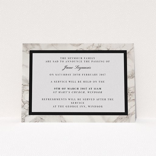 Funeral Announcement Card Design - "Stead fast marble" A funeral announcement card design named "Stead fast marble". It is an A6 card in a landscape orientation. "Stead fast marble" is available as a flat card, with tones of grey and black.