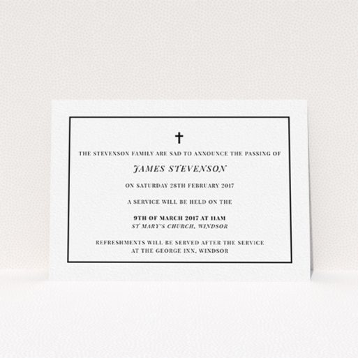 Funeral Announcement Card Design - "The simple messenger" A funeral announcement card named "The simple messenger". It is an A6 card in a landscape orientation. "The simple messenger" is available as a flat card, with tones of white and black.