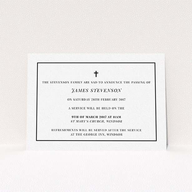 A funeral announcement card named "The simple messenger". It is an A6 card in a landscape orientation. "The simple messenger" is available as a flat card, with tones of white and black.