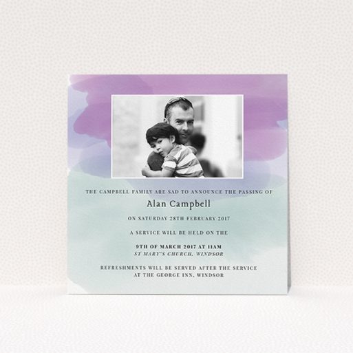 Funeral Announcement Card Design - "Watercolour on watercolour" A funeral announcement card called "Watercolour on watercolour". It is a square (148mm x 148mm) card in a square orientation. It is a photographic funeral announcement card with room for 1 photo. "Watercolour on watercolour" is available as a flat card, with tones of green, purple and pale blue.
