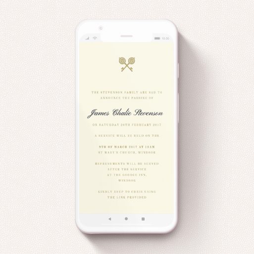 Funeral Announcement For Whatsapp Design - "Crossed Keys" A funeral announcement for whatsapp design titled "Crossed Keys". It is a smartphone screen sized announcement in a portrait orientation. "Crossed Keys" is available as a flat announcement, with tones of cream and gold.
