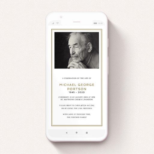 Funeral Announcement For Whatsapp Design - "Double Gold Frame" A funeral announcement for whatsapp template titled "Double Gold Frame". It is a smartphone screen sized announcement in a portrait orientation. It is a photographic funeral announcement for whatsapp with room for 1 photo. "Double Gold Frame" is available as a flat announcement, with tones of gold and white.