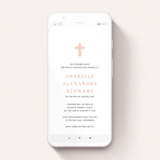 Funeral Announcement For Whatsapp Design - "Heart Cross" A funeral announcement for whatsapp template titled "Heart Cross". It is a smartphone screen sized announcement in a portrait orientation. "Heart Cross" is available as a flat announcement, with tones of white and pink.