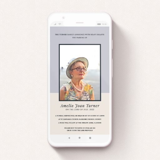 Funeral Announcement For Whatsapp Design - "Muted Pastels" A funeral announcement for whatsapp template titled "Muted Pastels". It is a smartphone screen sized announcement in a portrait orientation. It is a photographic funeral announcement for whatsapp with room for 1 photo. "Muted Pastels" is available as a flat announcement, with tones of cream, purple and navy blue.