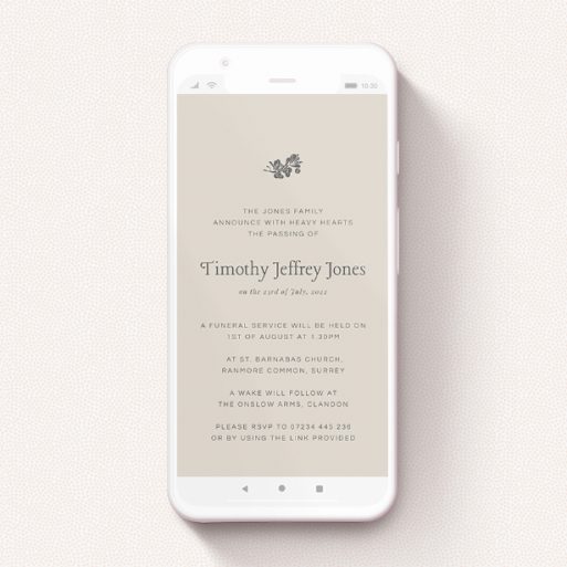 Funeral Announcement For Whatsapp Design - "Oak Leaves Dusk" A funeral announcement for whatsapp template titled "Oak Leaves Dusk". It is a smartphone screen sized announcement in a portrait orientation. "Oak Leaves Dusk" is available as a flat announcement, with mainly dark cream colouring.