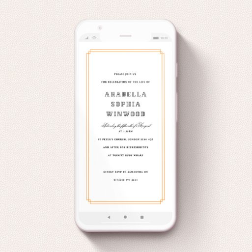 Funeral Announcement For Whatsapp Design - "Orange Double Notch" A funeral announcement for whatsapp design titled "Orange Double Notch". It is a smartphone screen sized announcement in a portrait orientation. "Orange Double Notch" is available as a flat announcement, with tones of orange and white.