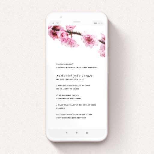 Funeral Announcement For Whatsapp Design - "Pink Blossom Roof" A funeral announcement for whatsapp design titled "Pink Blossom Roof". It is a smartphone screen sized announcement in a portrait orientation. "Pink Blossom Roof" is available as a flat announcement, with tones of pink and white.