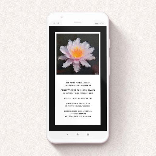 Funeral Announcement For Whatsapp Design - "Respectful" A funeral announcement for whatsapp template titled "Respectful". It is a smartphone screen sized announcement in a portrait orientation. "Respectful" is available as a flat announcement, with tones of black and white.