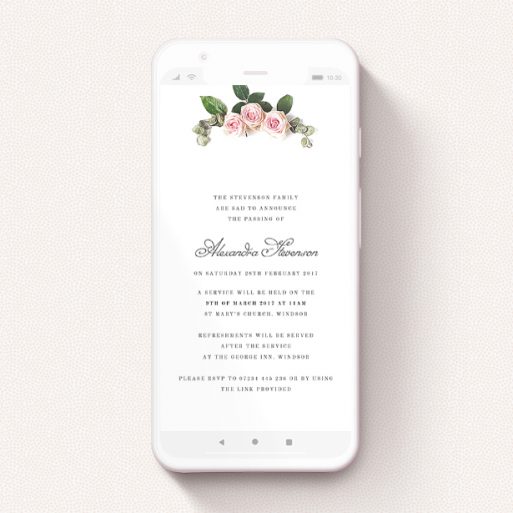 Funeral Announcement For Whatsapp Design - "Rose Arrangement" A funeral announcement for whatsapp template titled "Rose Arrangement". It is a smartphone screen sized announcement in a portrait orientation. "Rose Arrangement" is available as a flat announcement, with tones of pink and white.