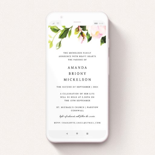 Funeral Announcement For Whatsapp Design - "Rose Roof" A funeral announcement for whatsapp template titled "Rose Roof". It is a smartphone screen sized announcement in a portrait orientation. "Rose Roof" is available as a flat announcement, with tones of pink and green.