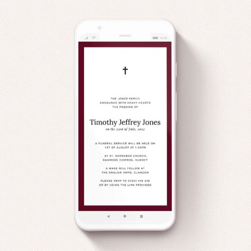 Funeral Announcement For Whatsapp Design - "Thick Maroon" A funeral announcement for whatsapp template titled "Thick Maroon". It is a smartphone screen sized announcement in a portrait orientation. "Thick Maroon" is available as a flat announcement, with tones of burgundy and white.