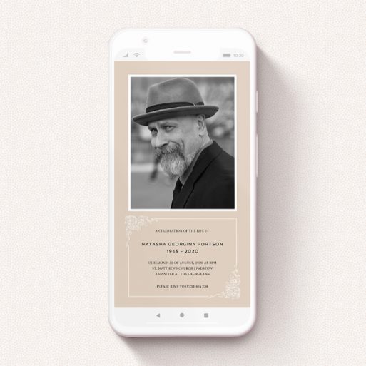 Funeral Announcement For Whatsapp Design - "White on Peach" A funeral announcement for whatsapp template titled "White on Peach". It is a smartphone screen sized announcement in a portrait orientation. It is a photographic funeral announcement for whatsapp with room for 1 photo. "White on Peach" is available as a flat announcement, with mainly dark cream colouring.