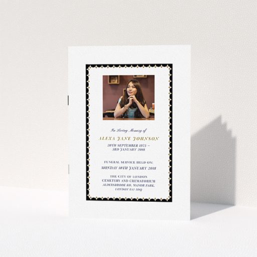 Funeral Ceremony Program Design - "Along the tower" A funeral ceremony program called "Along the tower". It is an A5 booklet in a portrait orientation. It is a photographic funeral ceremony program with room for 1 photo. "Along the tower" is available as a folded booklet booklet, with tones of black and white.