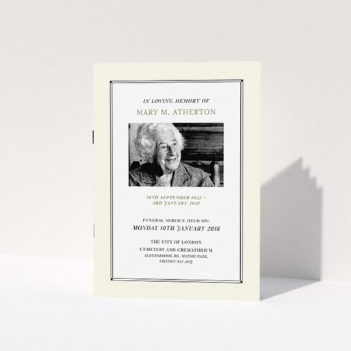Funeral Ceremony Program Design - "Cream art deco" A funeral ceremony program design called "Cream art deco". It is an A5 booklet in a portrait orientation. It is a photographic funeral ceremony program with room for 1 photo. "Cream art deco" is available as a folded booklet booklet, with mainly cream colouring.