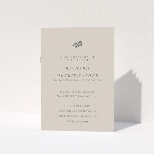 Funeral Ceremony Program Design - "Impression of the branch" A funeral ceremony program named "Impression of the branch". It is an A5 booklet in a portrait orientation. "Impression of the branch" is available as a folded booklet booklet, with mainly dark cream colouring.