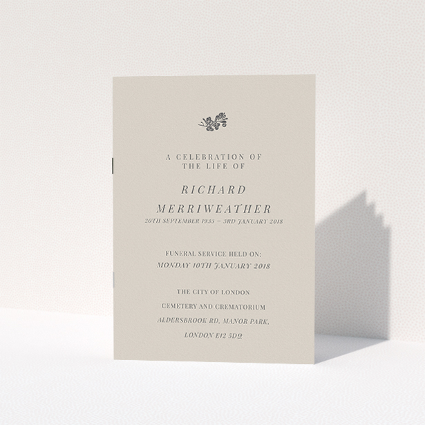 A funeral ceremony program named "Impression of the branch". It is an A5 booklet in a portrait orientation. "Impression of the branch" is available as a folded booklet booklet, with mainly dark cream colouring.