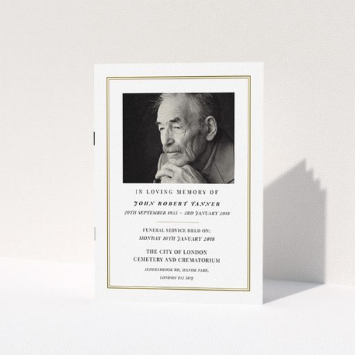 Funeral Ceremony Program Design - "Thinking of you" A funeral ceremony program template titled "Thinking of you". It is an A5 booklet in a portrait orientation. It is a photographic funeral ceremony program with room for 1 photo. "Thinking of you" is available as a folded booklet booklet, with mainly gold colouring.