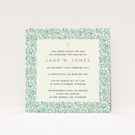 Funeral Invite Design - "A garden remembrance" A funeral invite design titled "A garden remembrance". It is a square (148mm x 148mm) invite in a square orientation. "A garden remembrance" is available as a flat invite, with mainly green colouring.