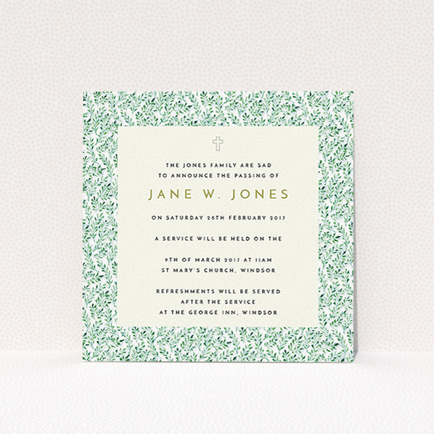 A funeral invite design titled "A garden remembrance". It is a square (148mm x 148mm) invite in a square orientation. "A garden remembrance" is available as a flat invite, with mainly green colouring.
