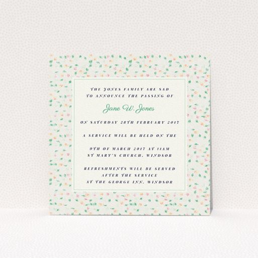 Funeral Invite Design - "A hint of flowers" A funeral invite design named "A hint of flowers". It is a square (148mm x 148mm) invite in a square orientation. "A hint of flowers" is available as a flat invite, with tones of cream, green and orange.