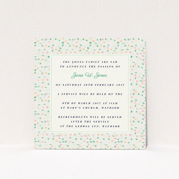A funeral invite design named "A hint of flowers". It is a square (148mm x 148mm) invite in a square orientation. "A hint of flowers" is available as a flat invite, with tones of cream, green and orange.