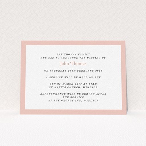 Funeral Invite Design - "Broad pink" A funeral invite design named "Broad pink". It is an A6 invite in a landscape orientation. "Broad pink" is available as a flat invite, with tones of pink and white.