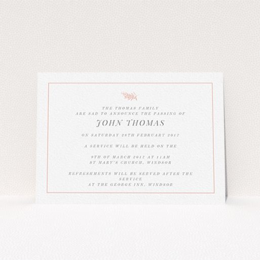 Funeral Invite Design - "Pink olive branch" A funeral invite called "Pink olive branch". It is an A6 invite in a landscape orientation. "Pink olive branch" is available as a flat invite, with tones of white and pink.