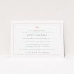 A funeral invite called "Pink olive branch". It is an A6 invite in a landscape orientation. "Pink olive branch" is available as a flat invite, with tones of white and pink.