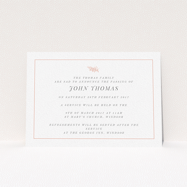 A funeral invite called "Pink olive branch". It is an A6 invite in a landscape orientation. "Pink olive branch" is available as a flat invite, with tones of white and pink.