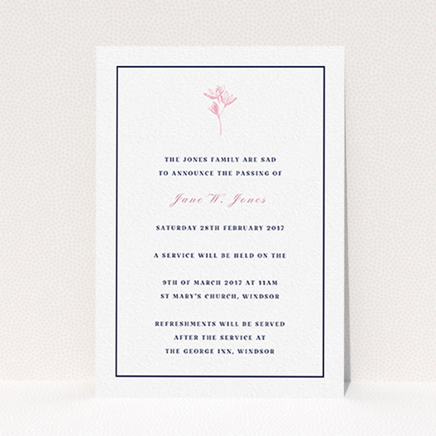 A funeral invite design named "Simplistic daisy". It is an A6 invite in a portrait orientation. "Simplistic daisy" is available as a flat invite, with tones of white and pink.