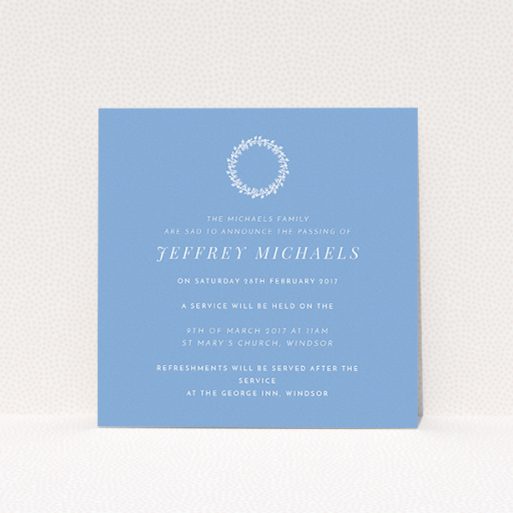 Funeral Invite Design - "White flower circle" A funeral invite named "White flower circle". It is a square (148mm x 148mm) invite in a square orientation. "White flower circle" is available as a flat invite, with tones of blue and white.