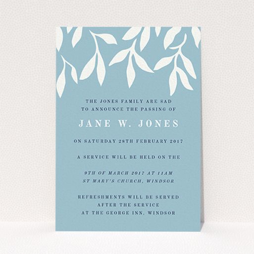 Funeral Invite Design - "White vines" A funeral invite design titled "White vines". It is an A6 invite in a portrait orientation. "White vines" is available as a flat invite, with tones of blue and white.